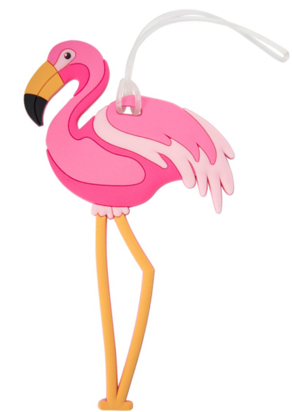 Pink flamingo silicone luggage tag with orange legs and clear attachment loop