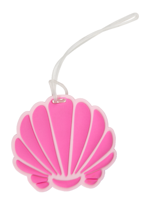 Pink seashell-shaped silicone luggage tag with light pink trim and clear attachment loop