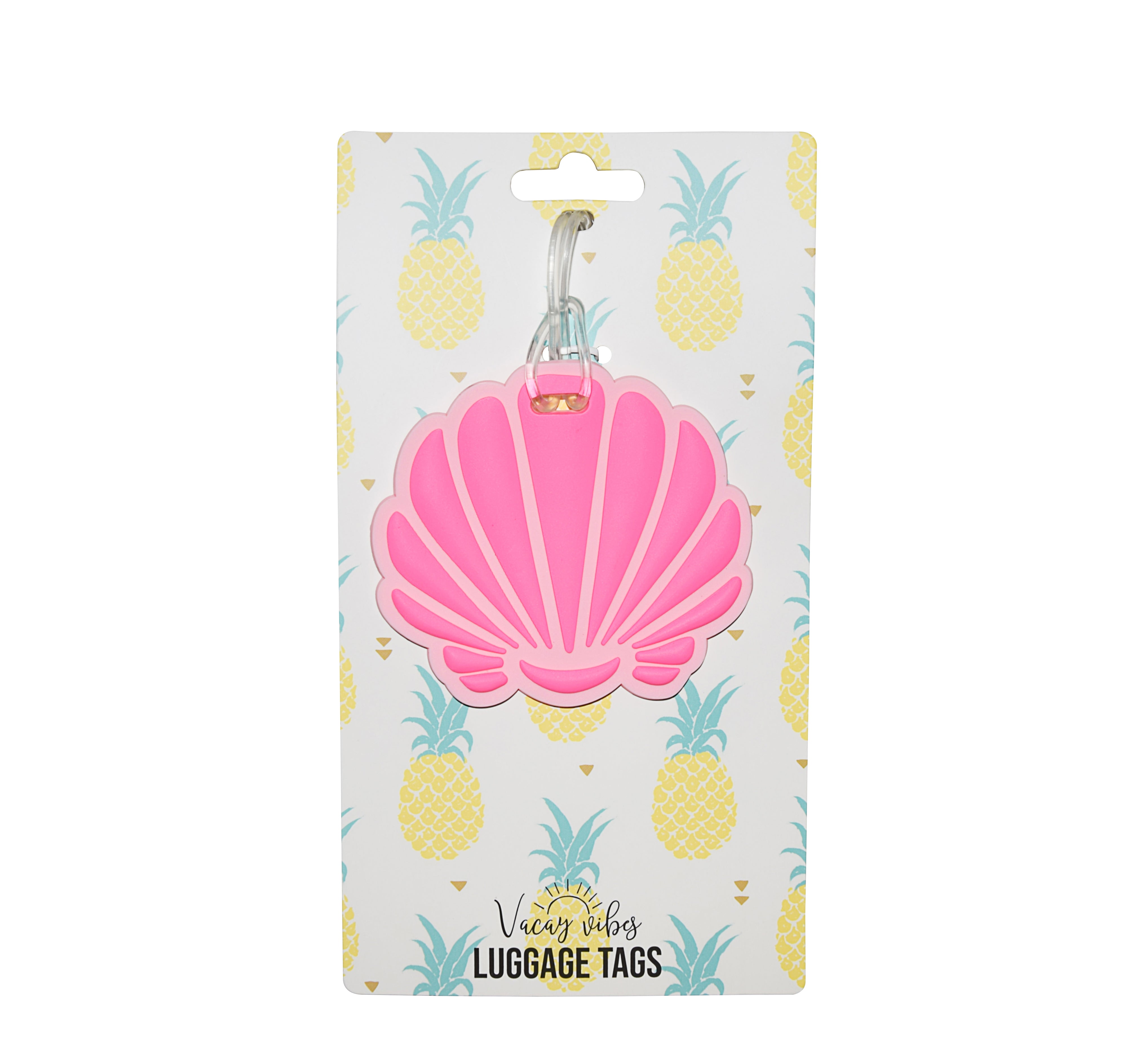 Pink seashell silicone luggage tag displayed on Vacay Vibes retail packaging