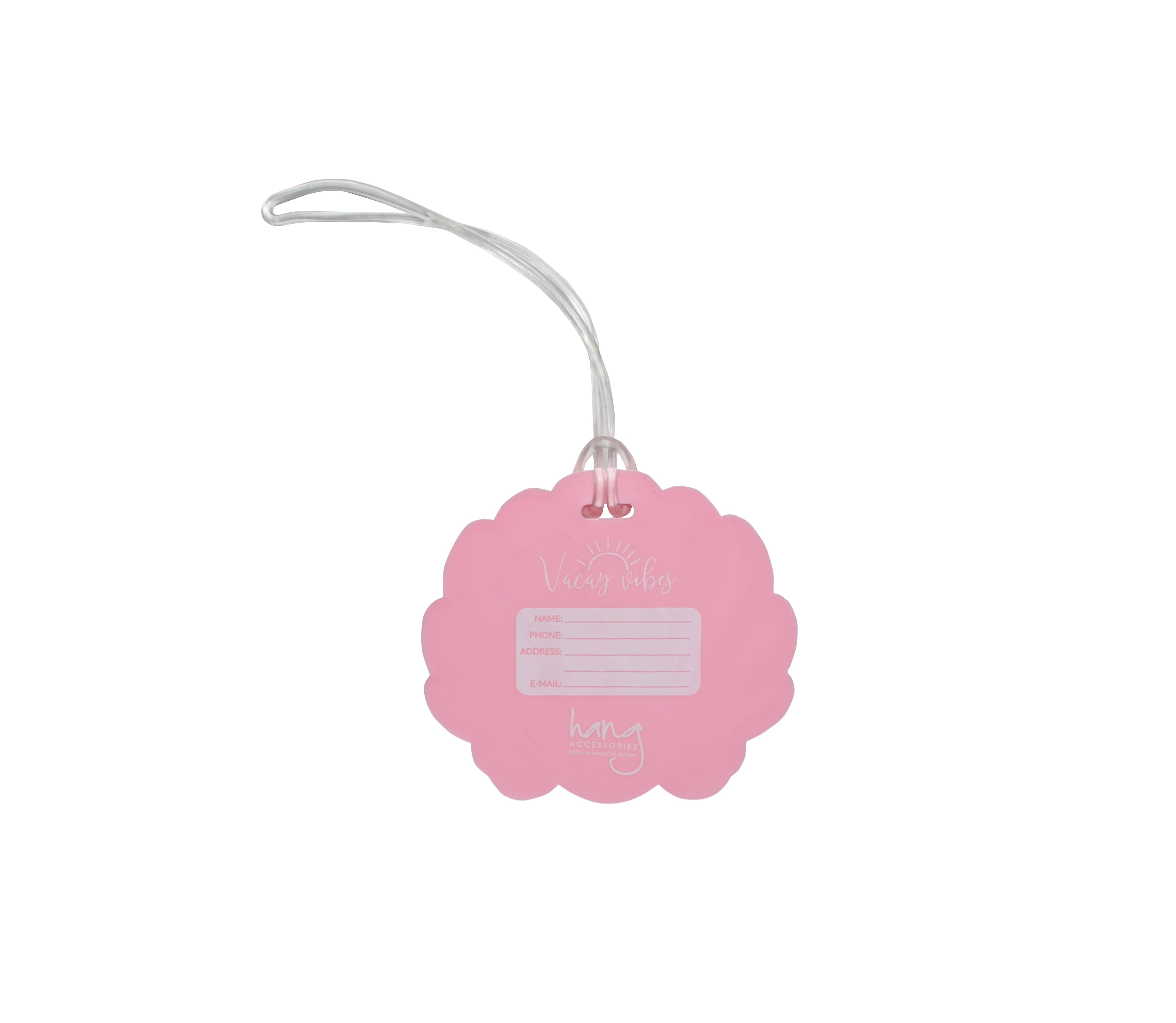 Back of pink seashell silicone luggage tag with traveler contact information label