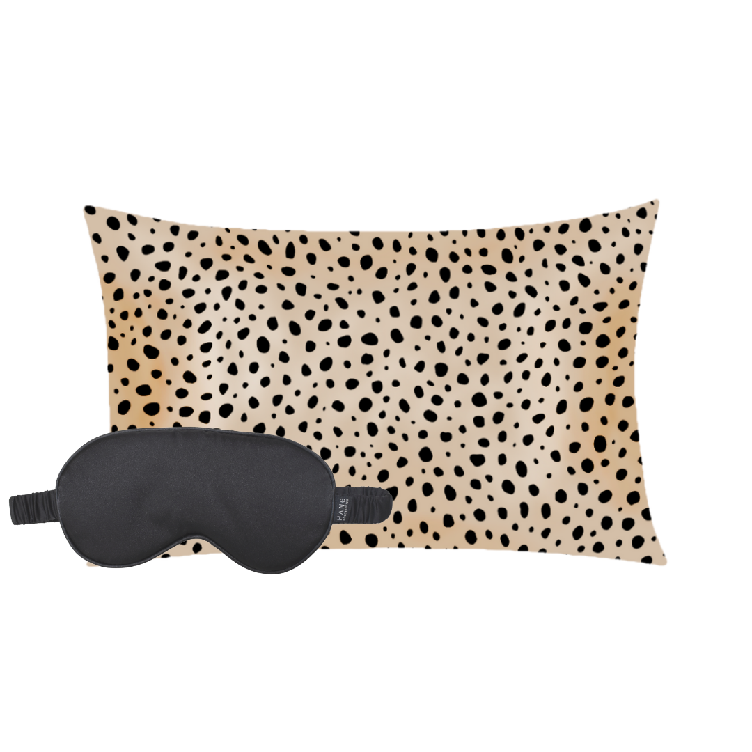 Black Eye Mask & Cheetah Spot Pillowcase Satin Set