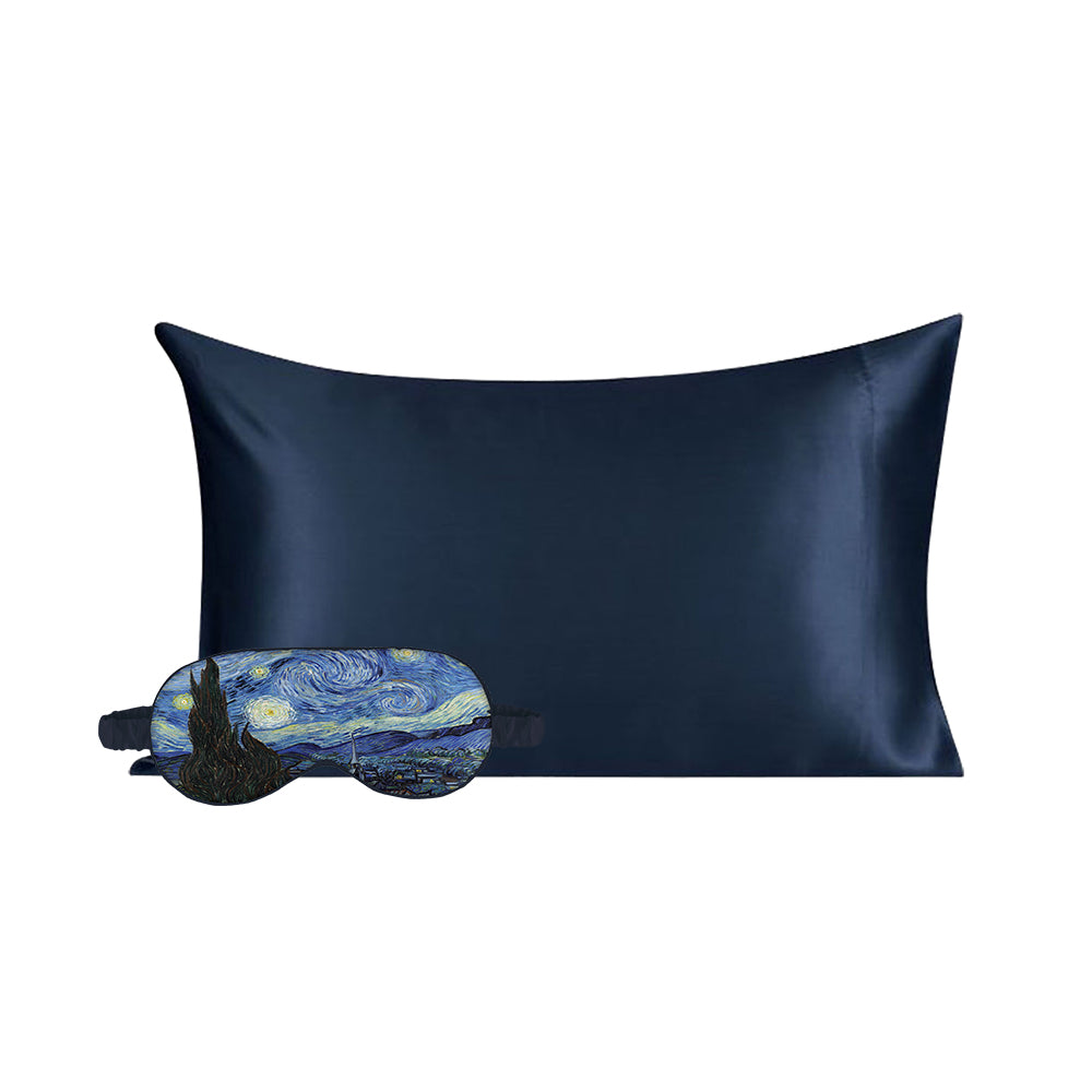 Starry Night Eye Mask & Navy Blue Pillowcase Satin Set