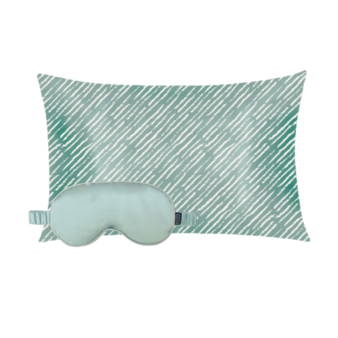 Seafoam Solid Eye Mask & Seafoam Stripe Pillowcase Satin Set