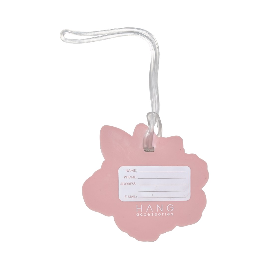 Back of orange hibiscus luggage tag with name, phone, address, and email identification card