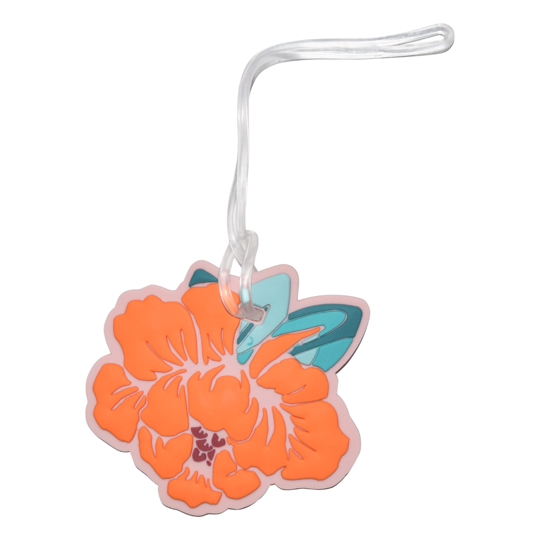 Orange hibiscus silicone luggage tag with teal leaves and clear attachment loop