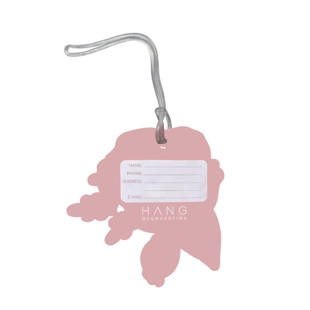 Back of pink floral luggage tag with name, phone, address, and email identification card