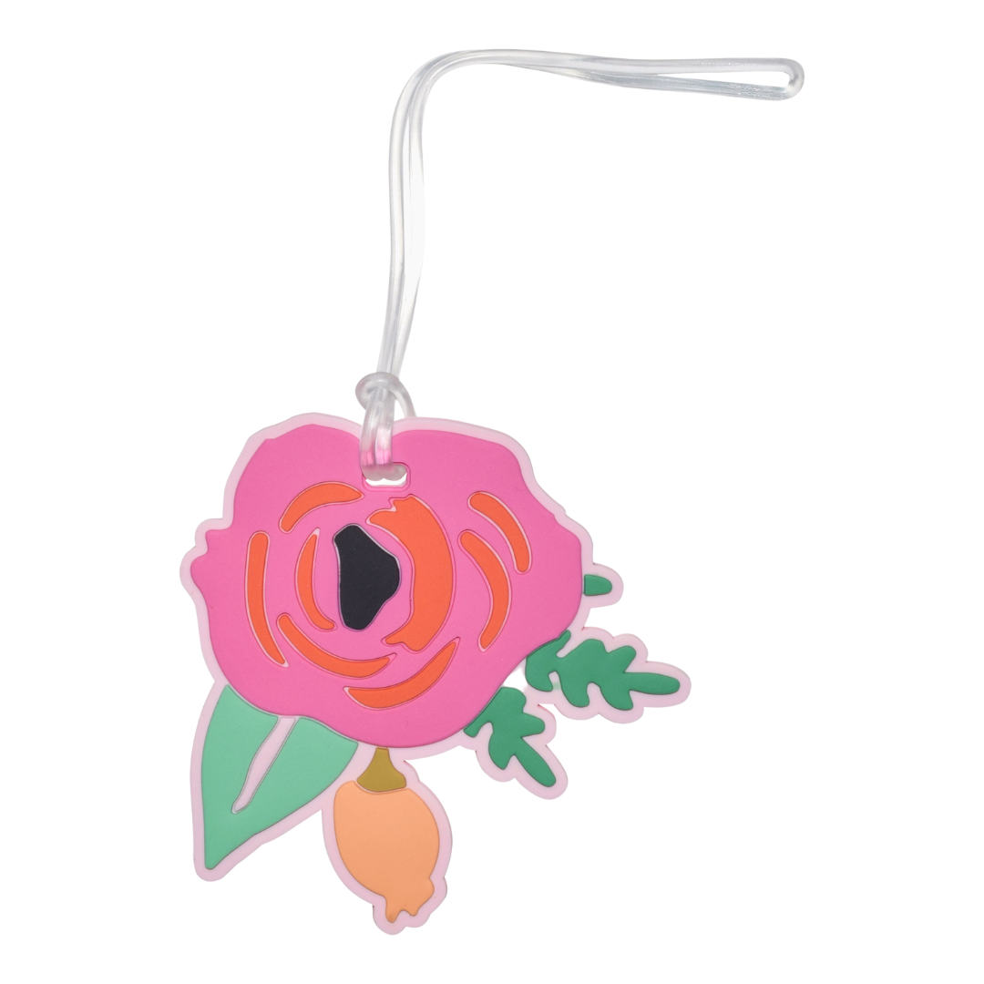 Pink and orange floral silicone luggage tag with green leaves and clear attachment loop