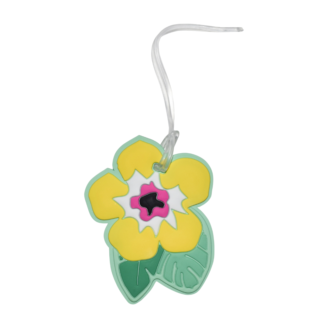 Yellow tropical flower silicone luggage tag with green leaves and clear attachment loop